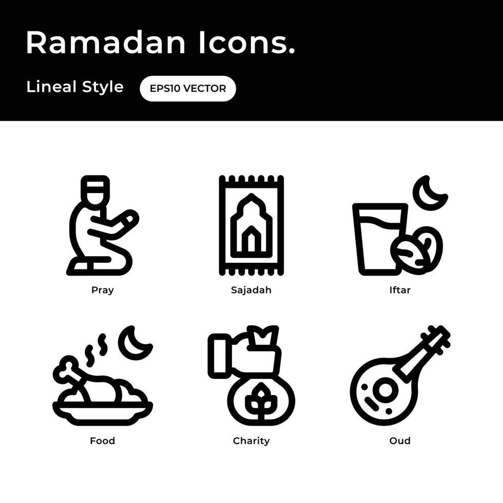 Ramadan icon set with outline style with pray, sajadah, iftar, food, charity, oud vector