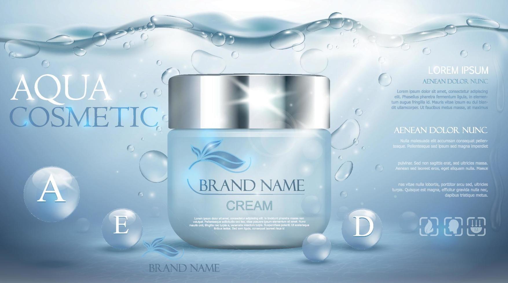 Aqua cream moisturizing cosmetic. Advertising realistic underwater blue template. Skincare promotion. Hydrating facial lotion. Vector illustration
