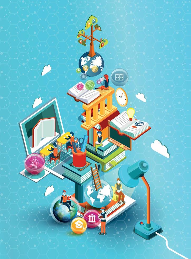A tower of books with reading people.  Educational concept. Online library. Online education isometric flat design on blue background. Vector illustration