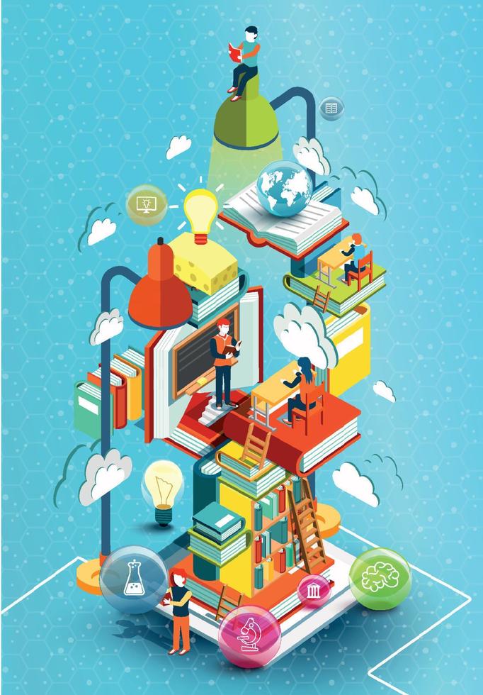 A tower of books with reading people.  Educational concept. Online library. Online education isometric flat design on blue background. Vector illustration