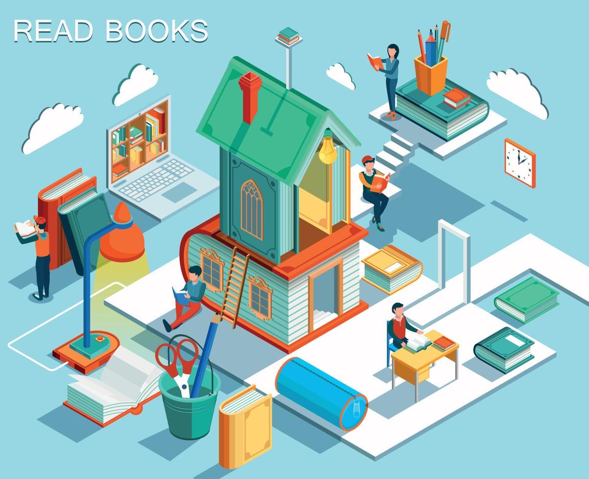 The concept of reading books and learning in the library.Isometric flat design. Vector illustration