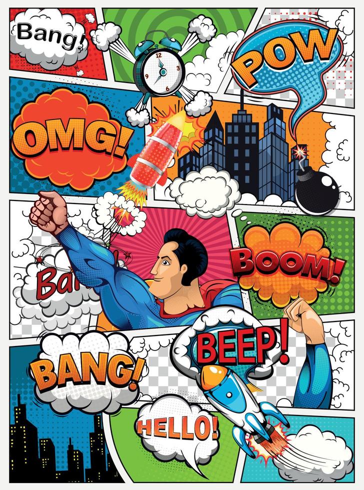 Comic book page divided by lines with speech bubbles, rocket, superhero and sounds effect. Retro background mock-up. Comics template. Vector illustration