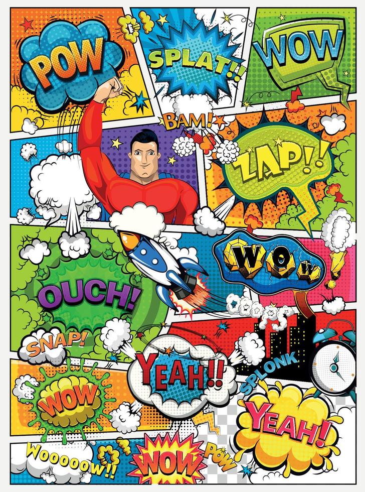 Comic book page divided by lines with speech bubbles, rocket, superhero and sounds effect. Retro background mock-up. Comics template. Vector illustration