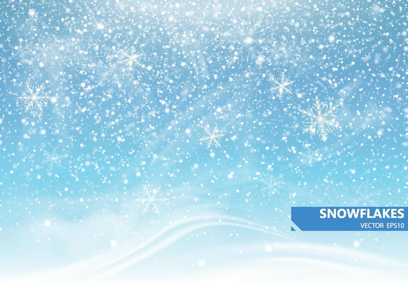 Falling snow on a blue background. Snowstorm and snowflakes. Background for winter holidays. Vector Illustration