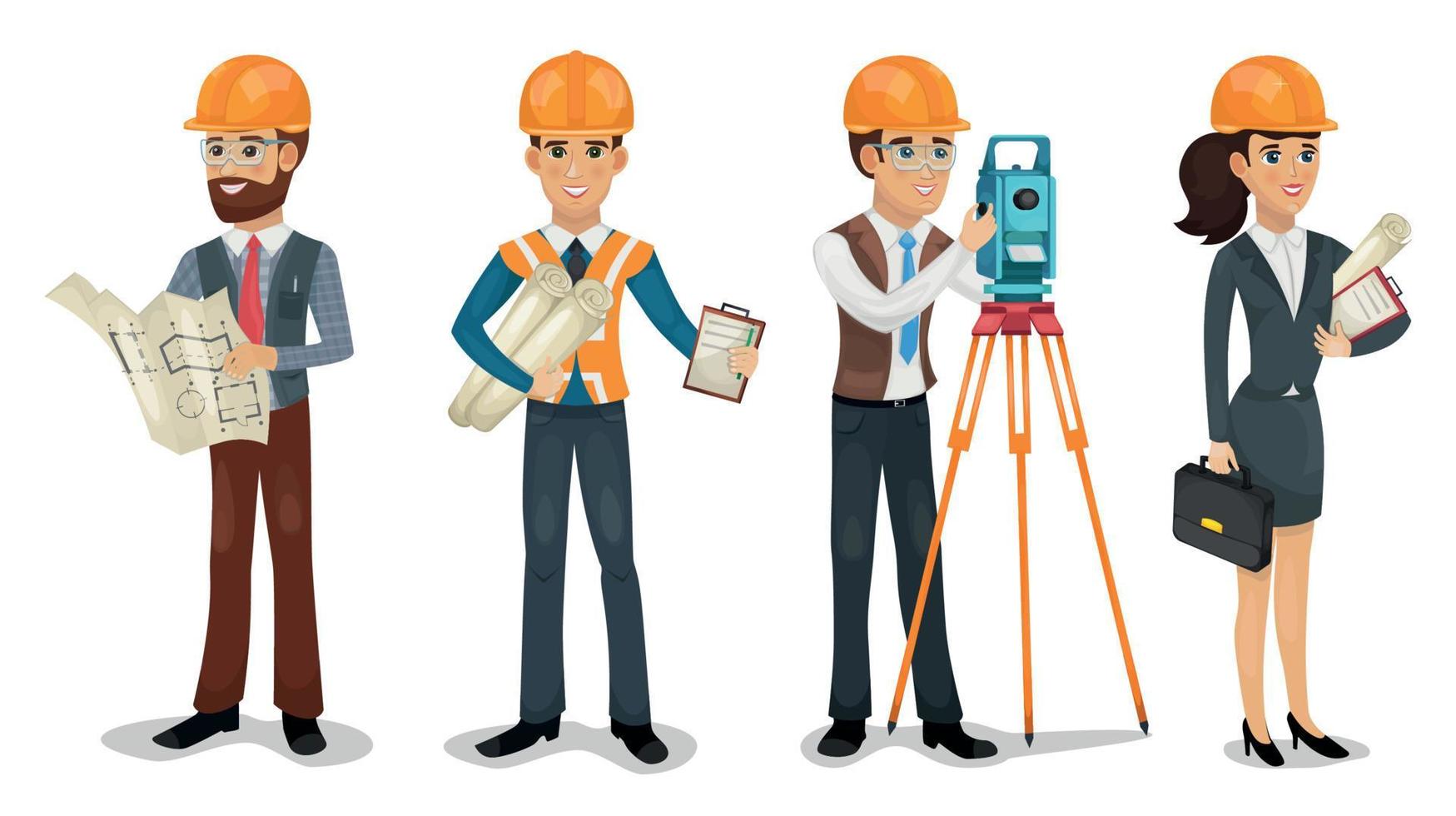 Set of cartoon characters. Civil engineer, surveyor, architect and construction workers isolated vector illustration.