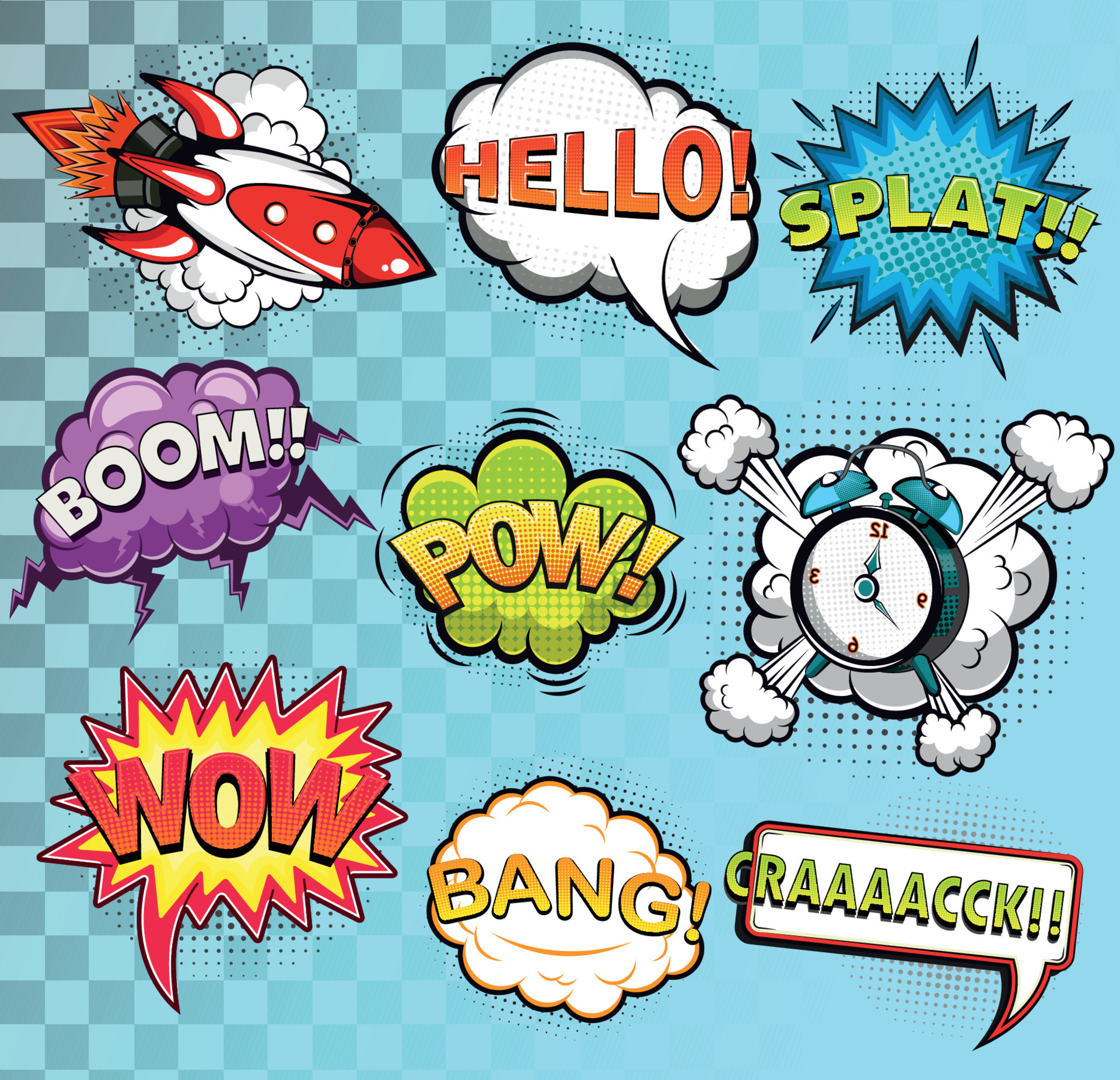Comic speech bubbles. Rocket. Alarm clock. Sound effects. Vector