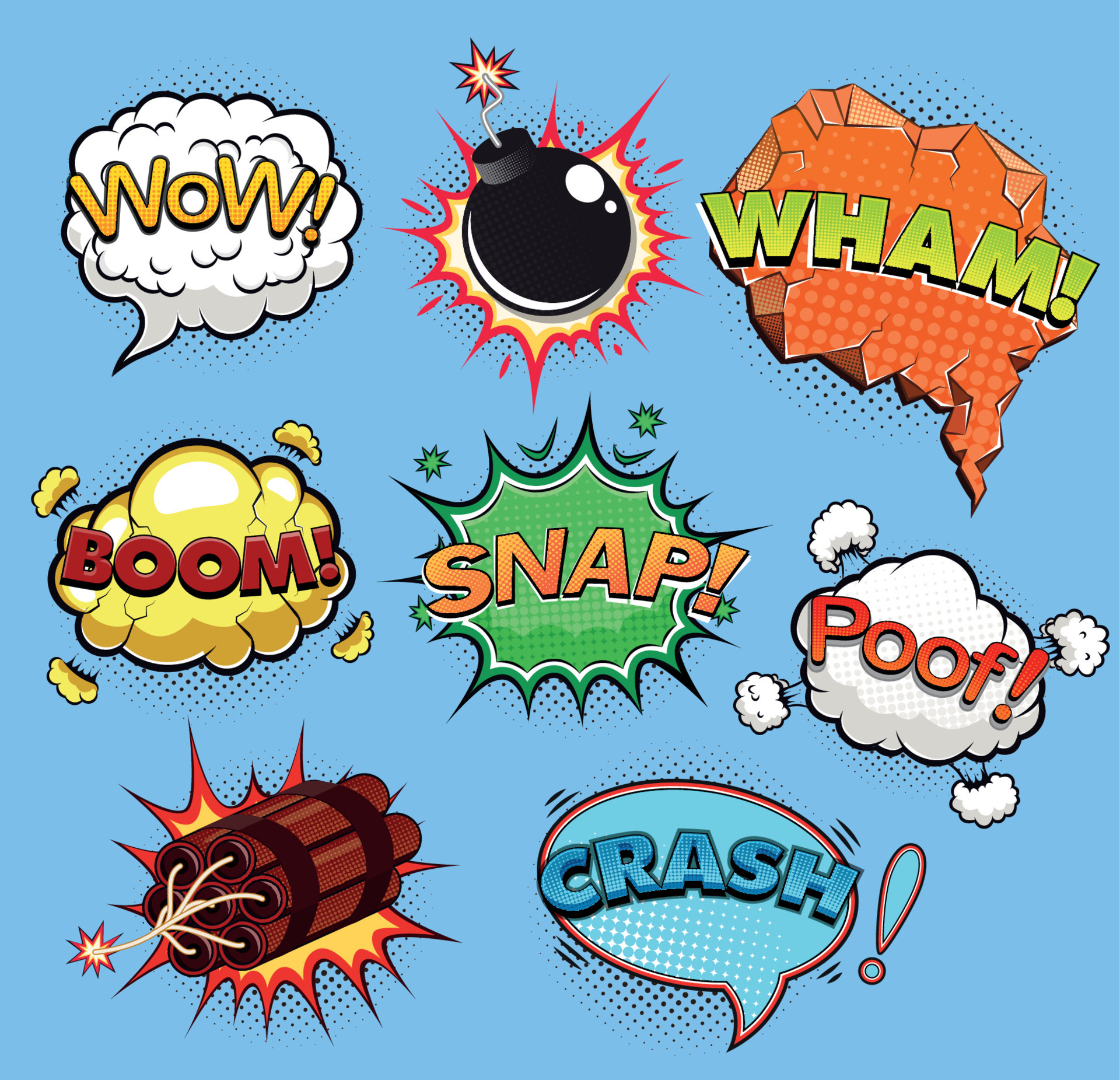 Comic speech bubbles. Rocket. Alarm clock. Sound effects. Vector