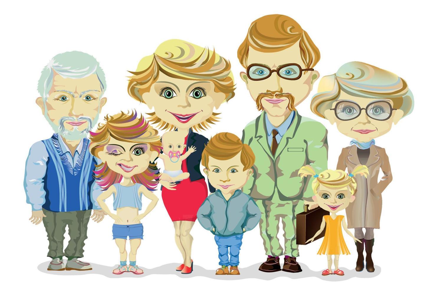 grande y contento familia retrato con niños, padres, abuelos vector ilustración