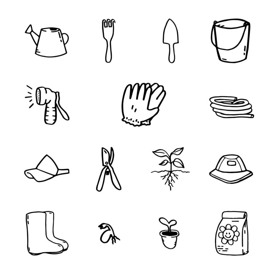 A set of gardening tools. Vector illustration in doodle style on white background