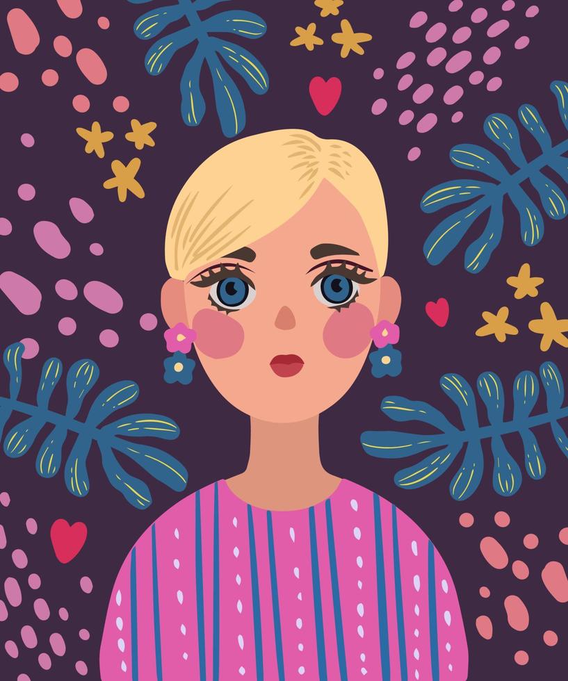 retrato de un bonito rubia niña en un floral antecedentes vector