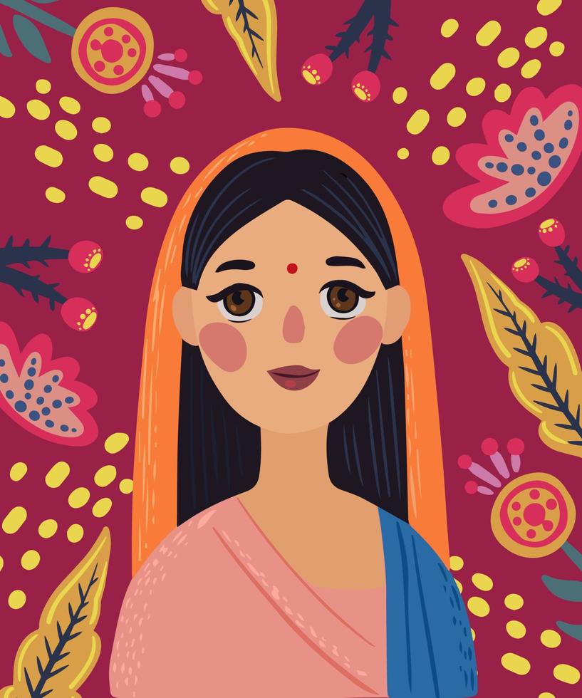 An indian woman with a pink sari on her head and a pink background with flowers vector