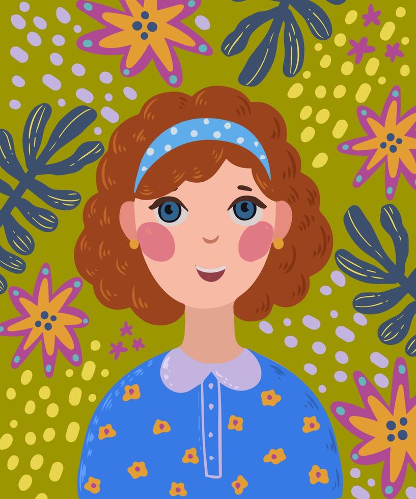 Funny girl portrait with flower background, flat illustration vector