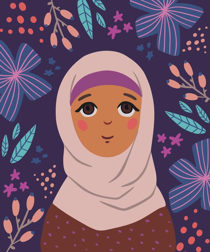 Portrait of a cute muslim  girl on a floral background vector