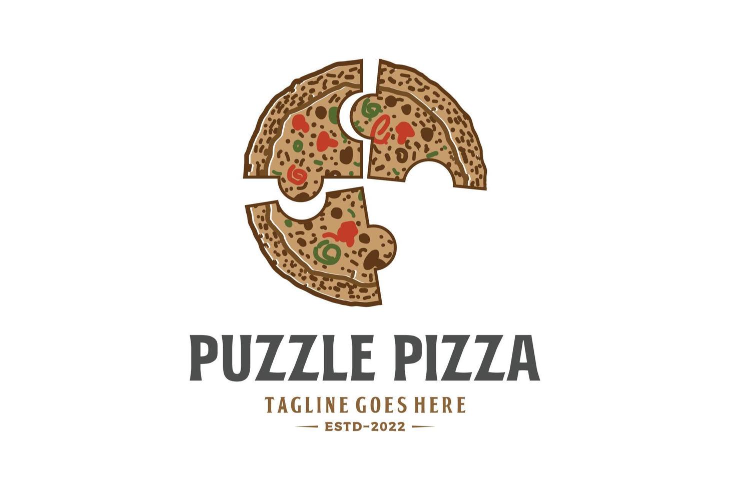 Pizza puzzle. Collect pizza yourself. Pieces of pizza in the form of a puzzle. Icon. Concept for pizzeria, online pizzeria, site for pizza order. Linear Vector Illustration