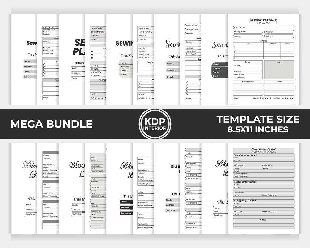 KDP interior blood pressure log book, sewing planner journal unique bundle template design vector