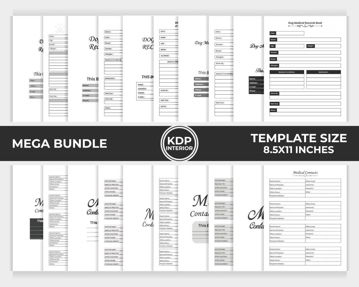 KDP interior medical contacts log book, dog medical record book unique bundle template design vector