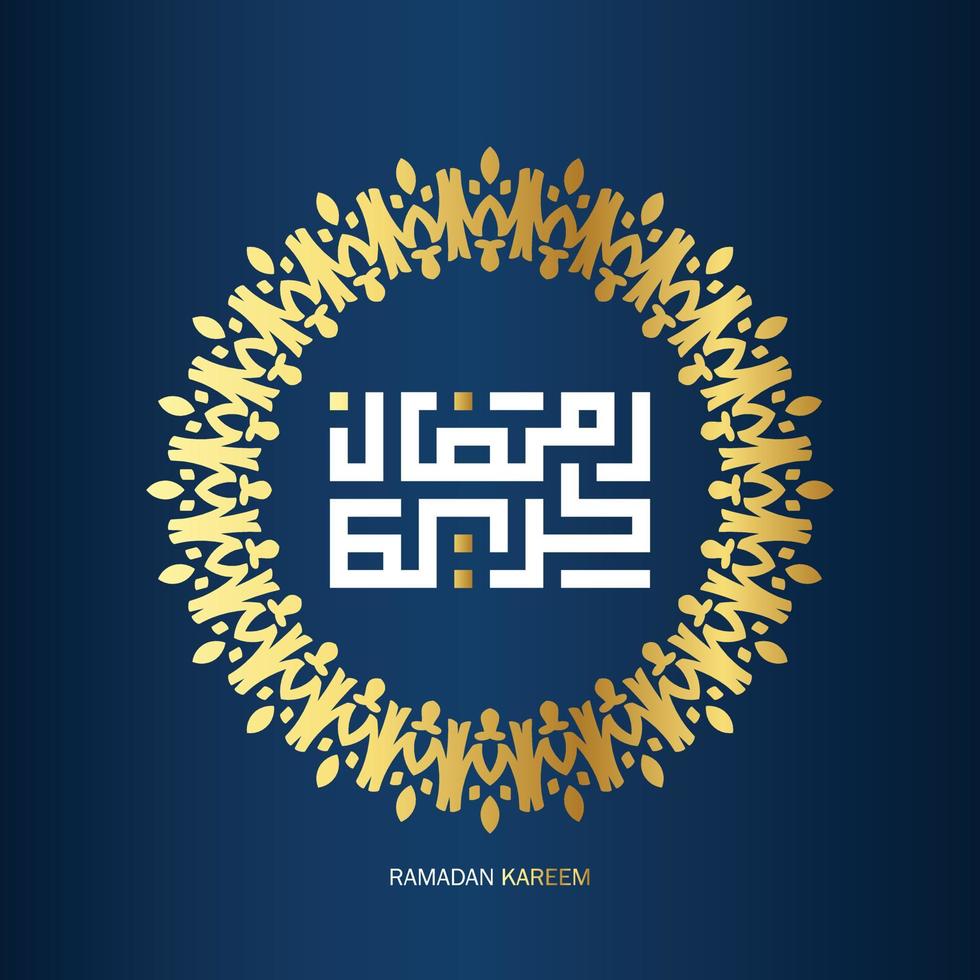 free Ramadan Kareem Arabic Calligraphy with golden color on blue background. Islamic Month of Ramadan in Arabic logo greeting design vector