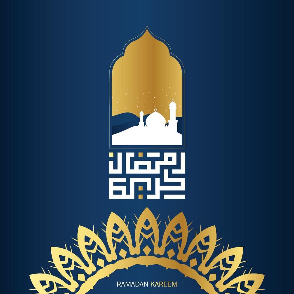 free Ramadan Kareem Arabic Calligraphy with mosque background. Islamic Month of Ramadan in Arabic logo greeting design vector
