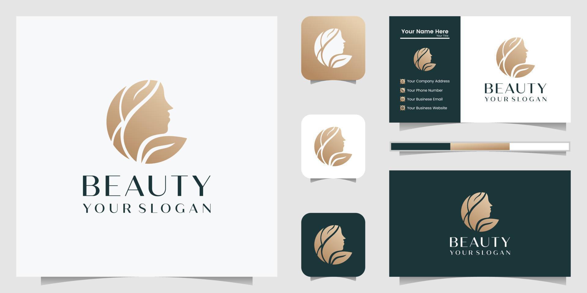beautiful woman hair salon gold gradient logo design and business card vector