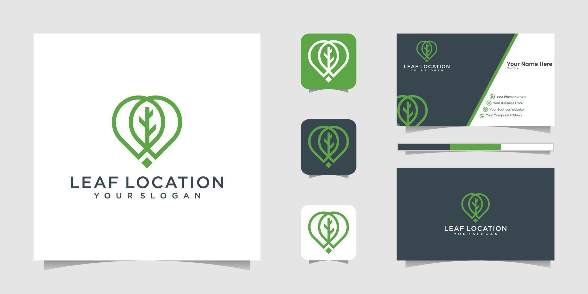 Location pin map and green leaf logo line art and business card vector