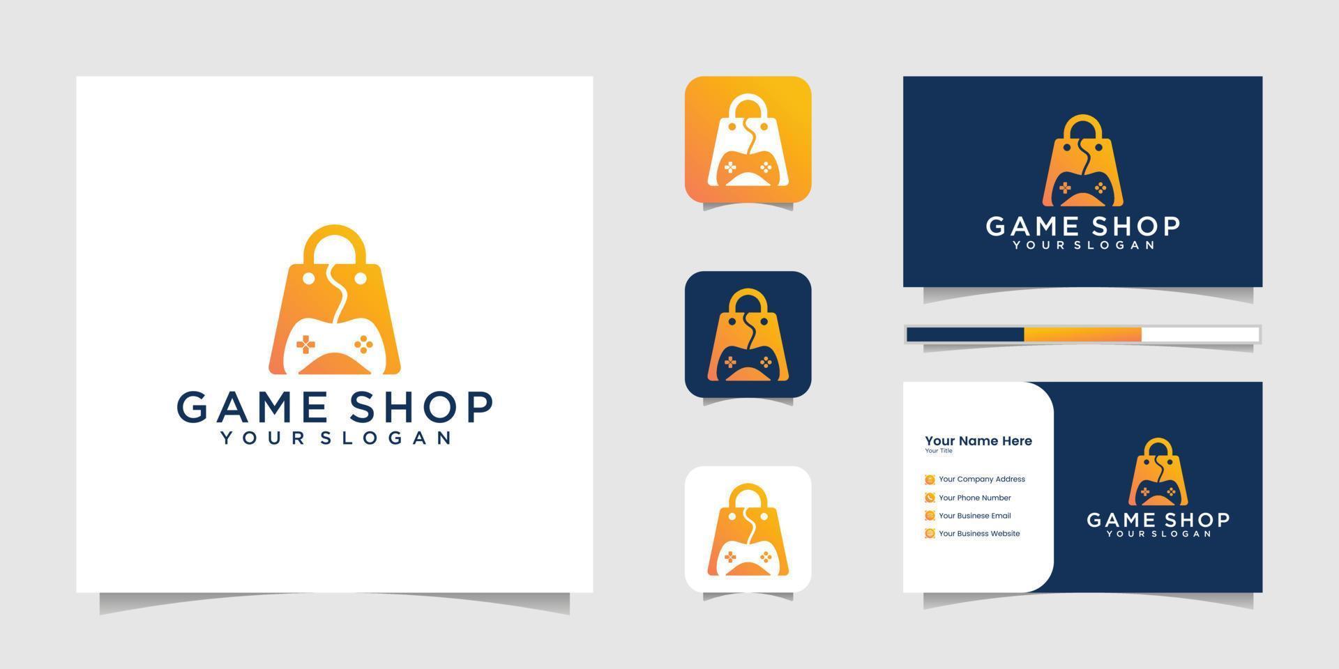 Game shop with bag logo concept, icon gaming and business card vector