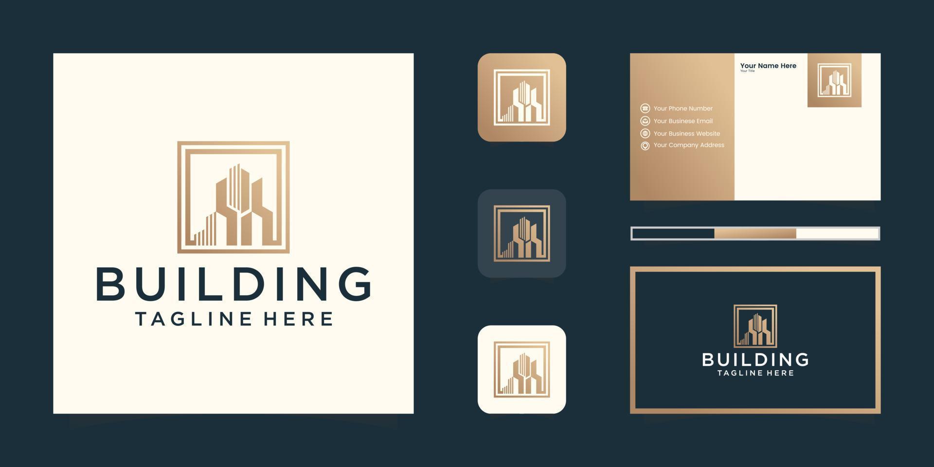 edificio inspirador con línea Arte estilo y oro color vector logo y negocio tarjeta