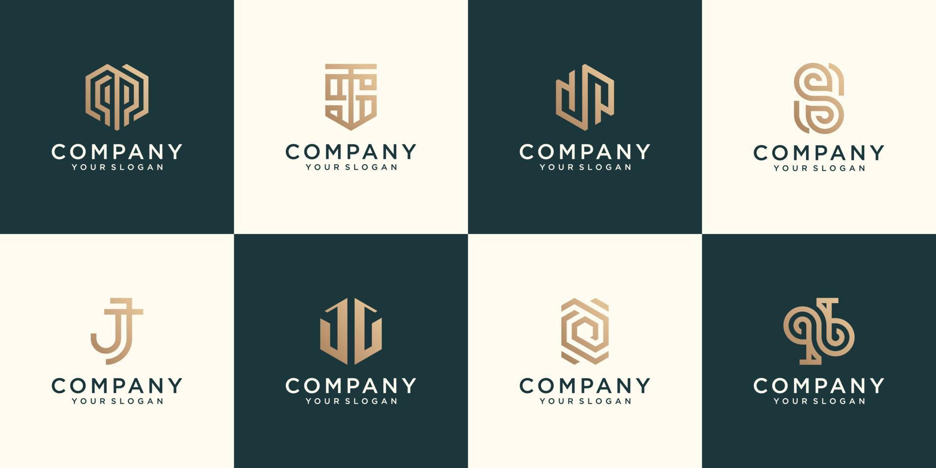 Monogram logo set flat design gold color designs in abstract modern minimalist flat for business vector