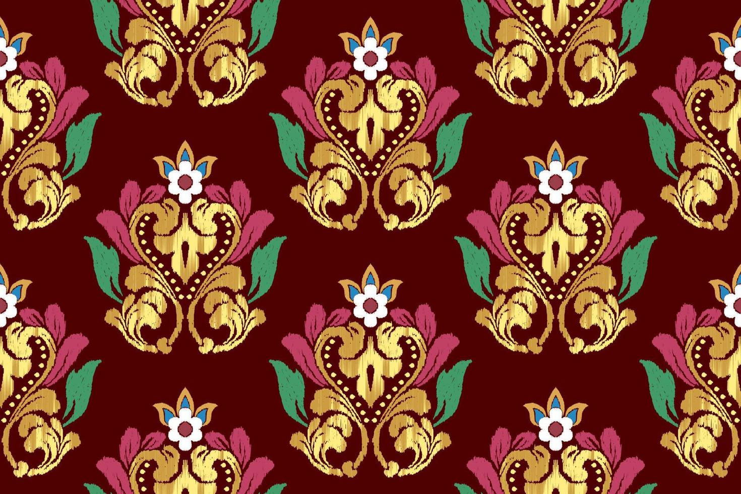 Ikat ethnic seamless pattern design. Aztec fabric mandala textile wallpaper. Tribal native motif boho ornament African American Indian folk traditional embroidery vector background