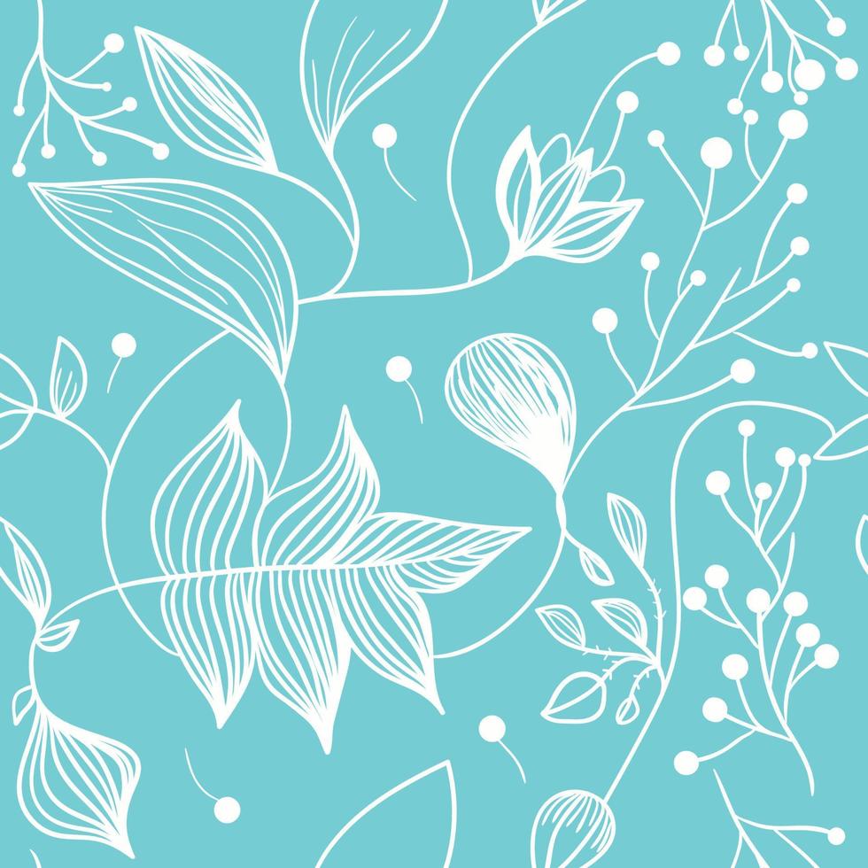 Seamless floral linear pattern with berries and leaves on turquoise blue background vector