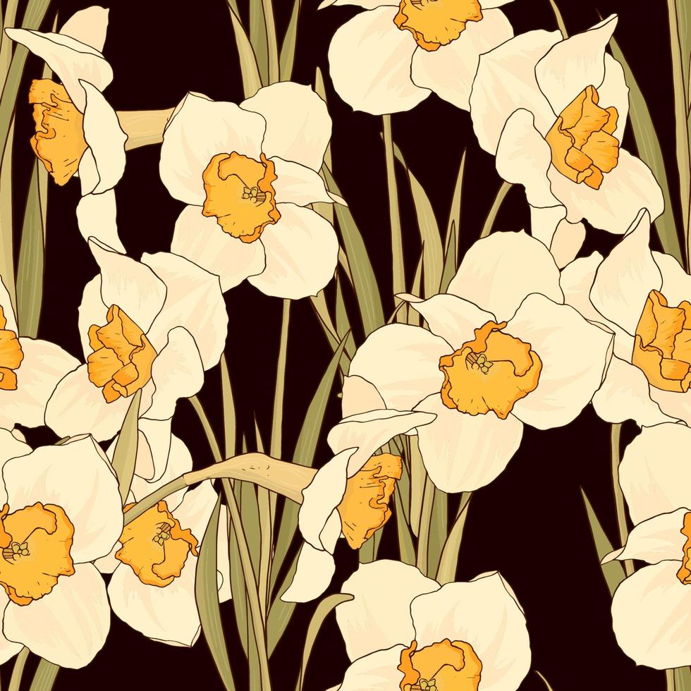 Vintage pattern of white daffodils on black background. Narsis in Arts and Crafts style. vector