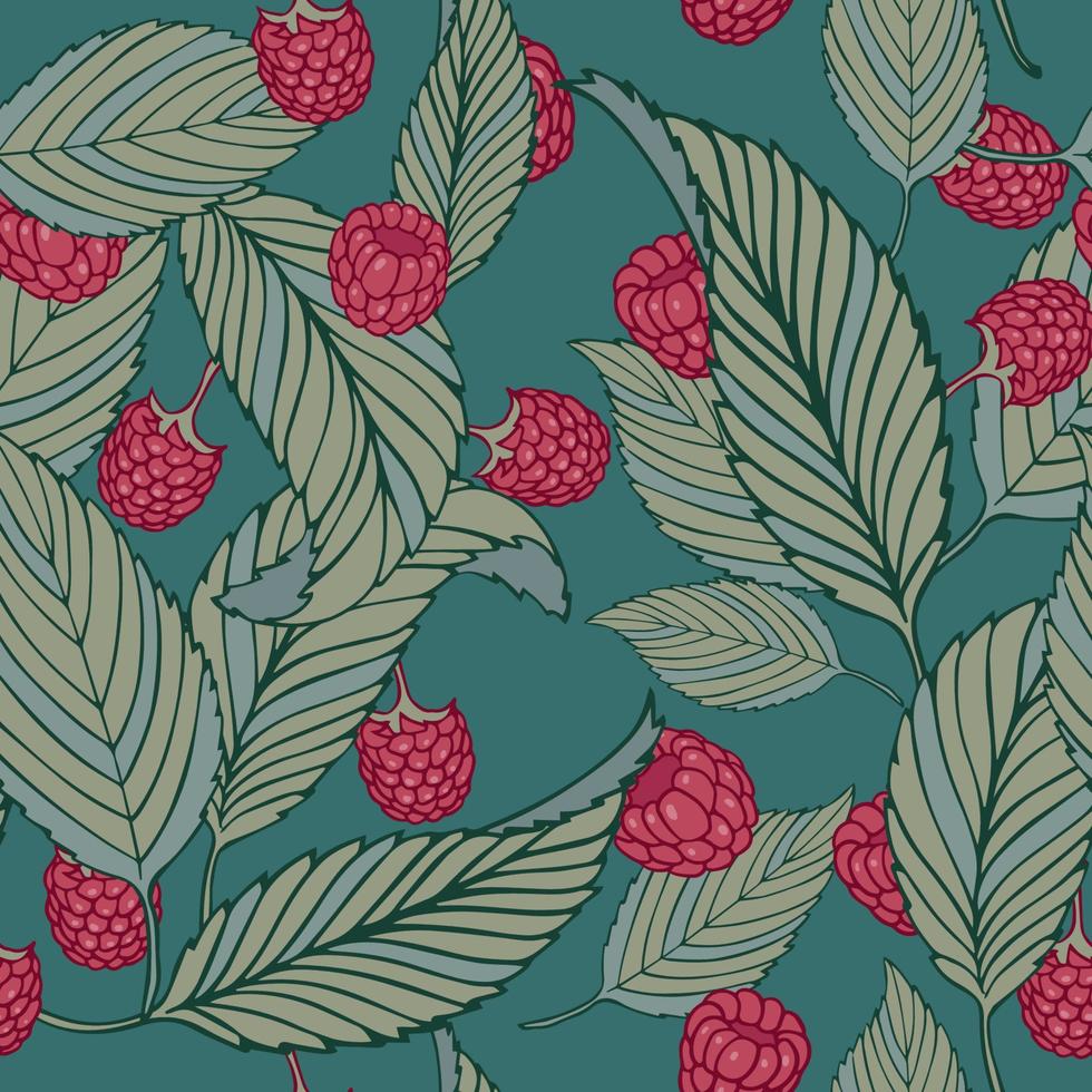 Seamless pattern with ripe raspberry on green background vector