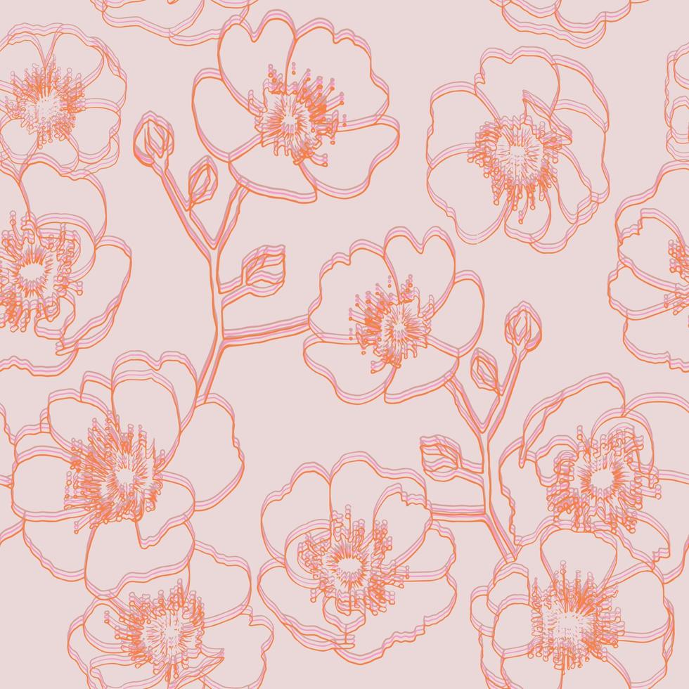 Boho vintage pattern with dog rose. Double line blooming wild rose on beige background vector