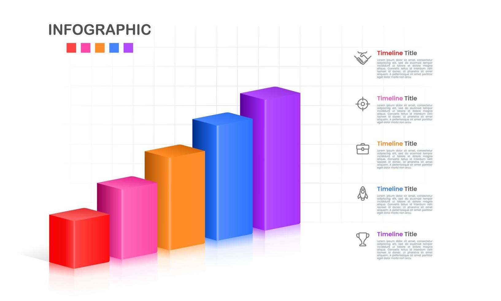 5 Bar chart 3D graph timeline business statistics. The report, Presentation, Data, Milestone, and Infographic. Vector illustration.