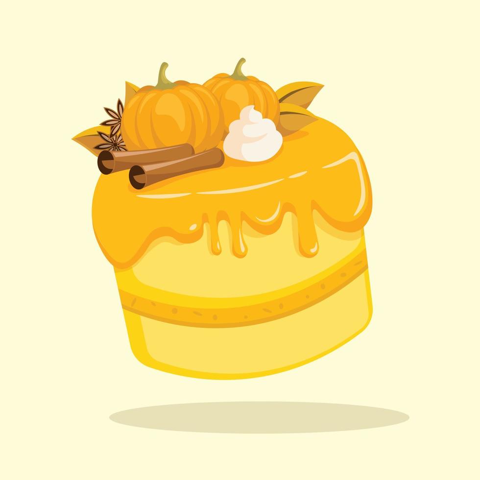 Orange Pumpkin Cake with Cinnamon, Mini Pumpkin, Cream and Star Anise Decoration Vector Illustration
