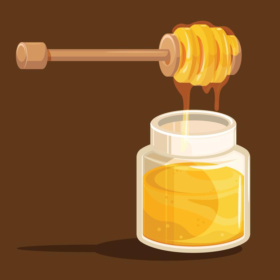 Wooden Honey Stick with Honey Drip in Honey Glass Jar Vector Illustration