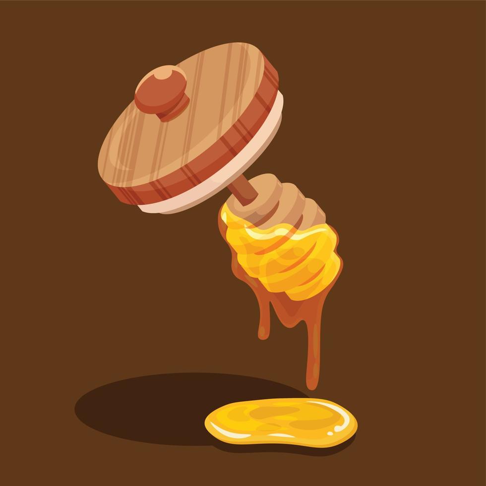 Wooden Cap and Stick with Golden Yellow Honey Dripping Vector Illustration