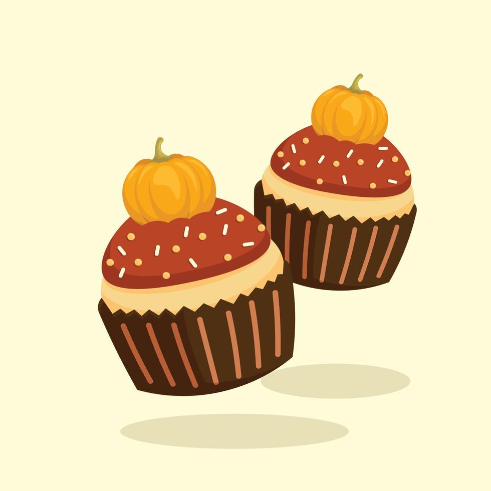 Pumpkin Cupcake with Pumpkin Decoration Vector Illustration