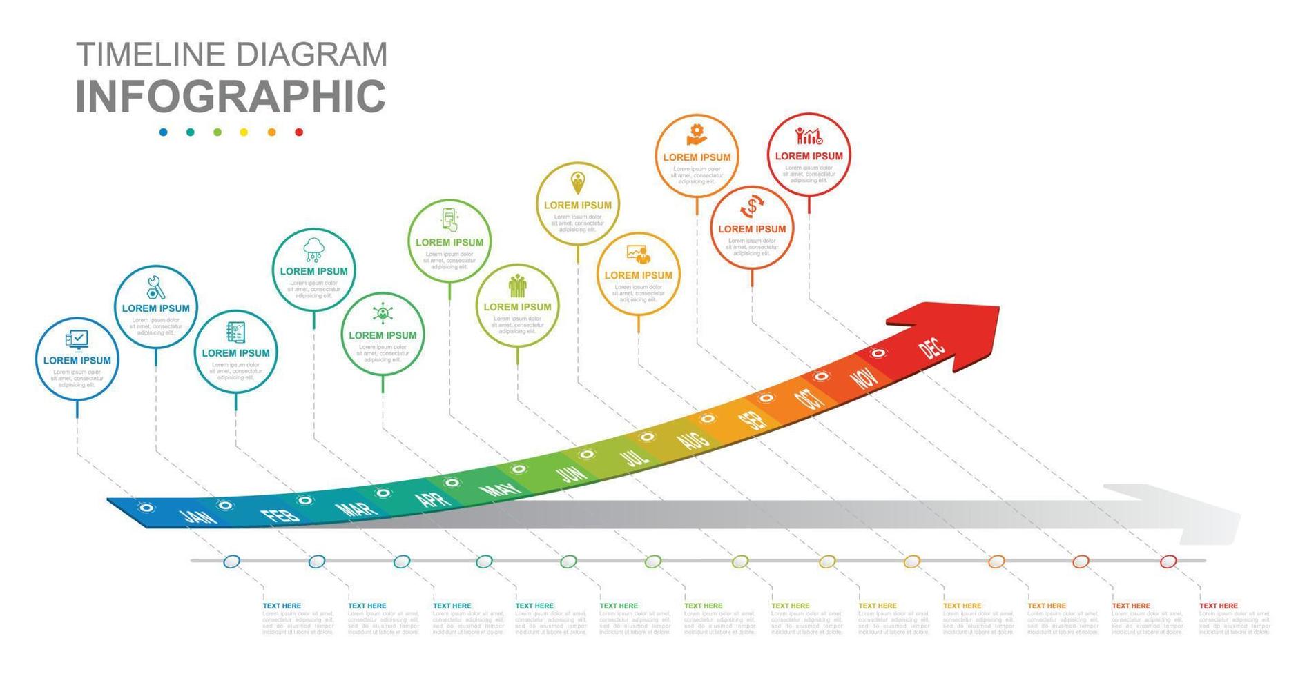 infografía negocio modelo. 12 meses moderno cronograma diagrama calendario con crecimiento grafico. concepto presentación. vector