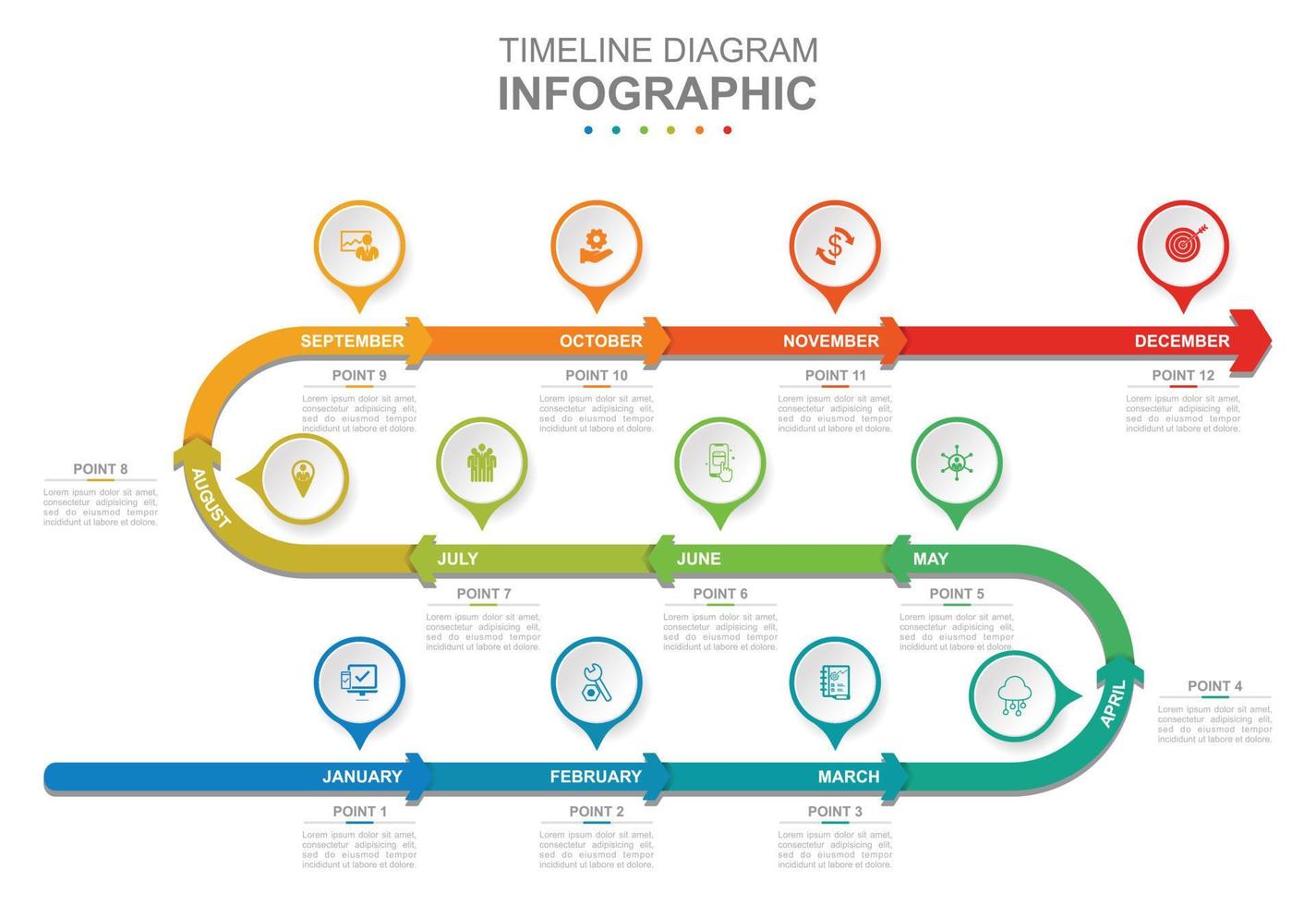 infografía negocio modelo. 12 meses moderno cronograma diagrama calendario con flechas concepto presentación. vector