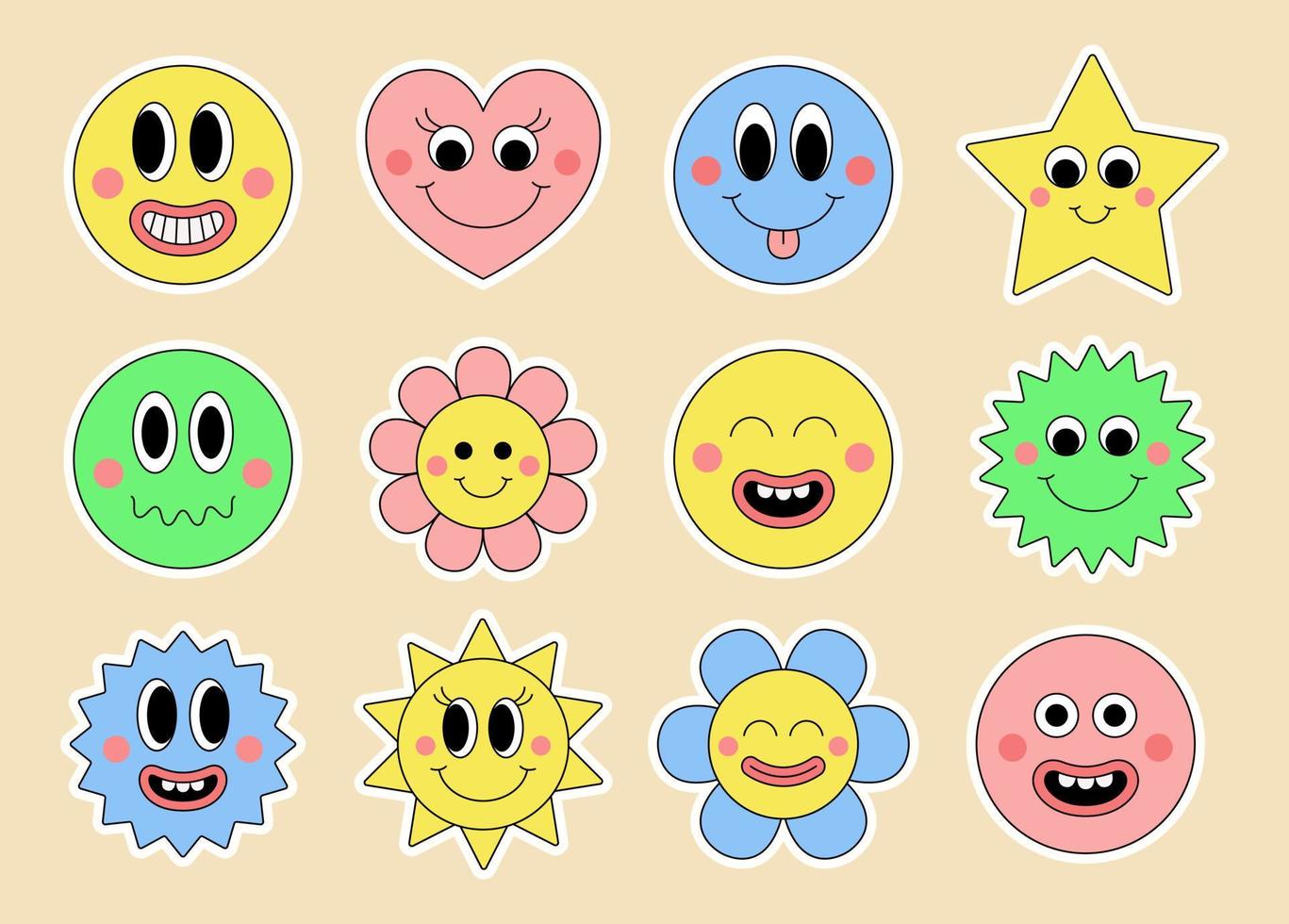 Set of cool colorful groovy retro stickers. Happy trendy hippie face patch collection. vector