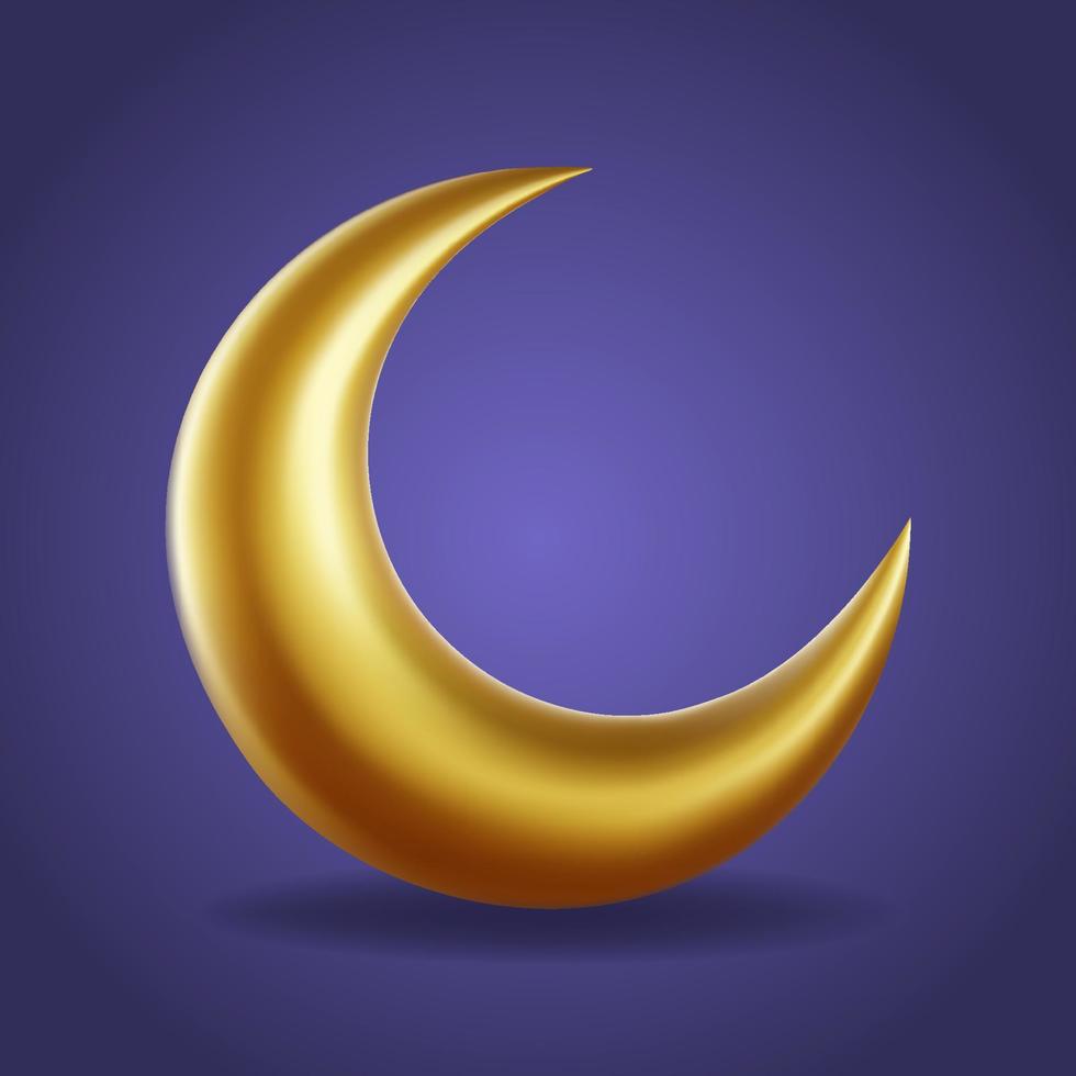 3D golden crescent moon isolated on dark blue background. Traditional arabic muslim festive element. vector