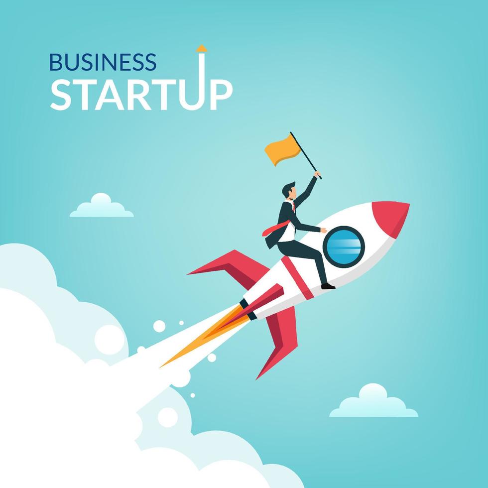 Successful businessman start up holding flag on rocket flying through sky, Business concept illustration vector