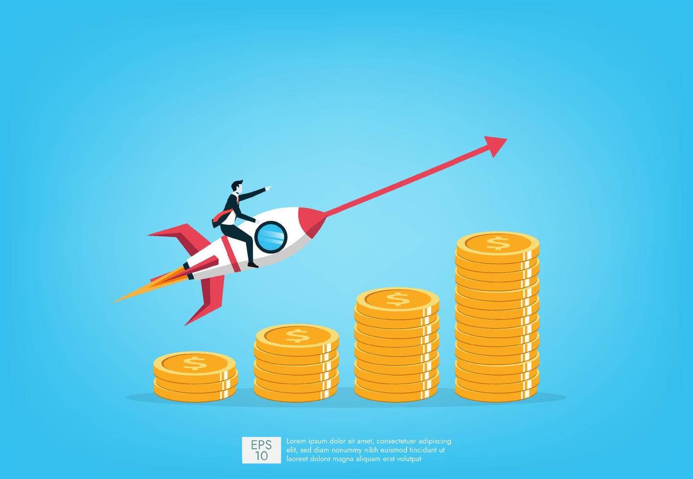 Smart businessman takeoff with the rocket flying symbol, successful business startup, profitable investment, career growth and development, financial increase and rise vector