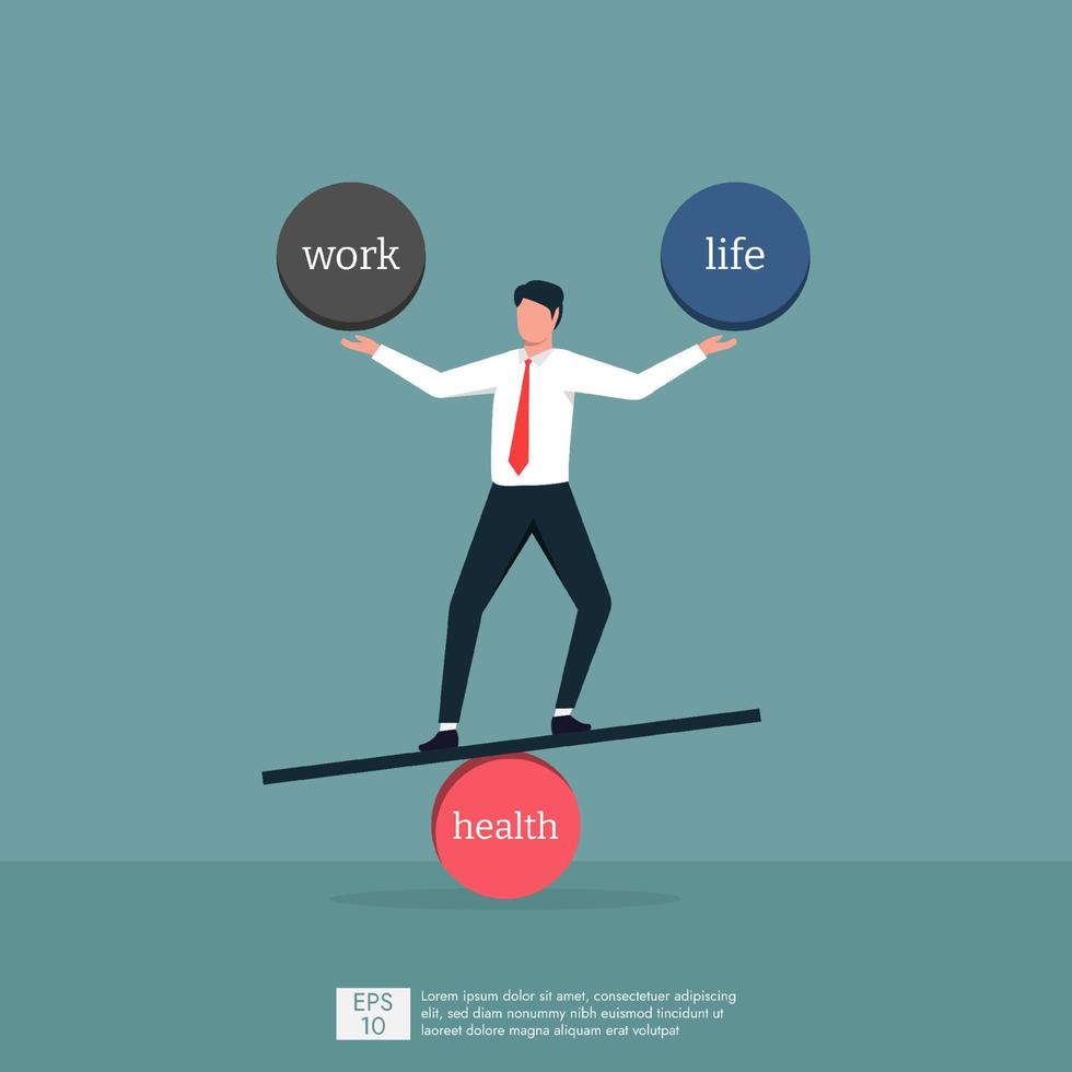 trabajar, salud y vida equilibrar concepto, empresario tratar a equilibrio su trabajar, salud y vida en armonía, inteligencia y controlar vector ilustración