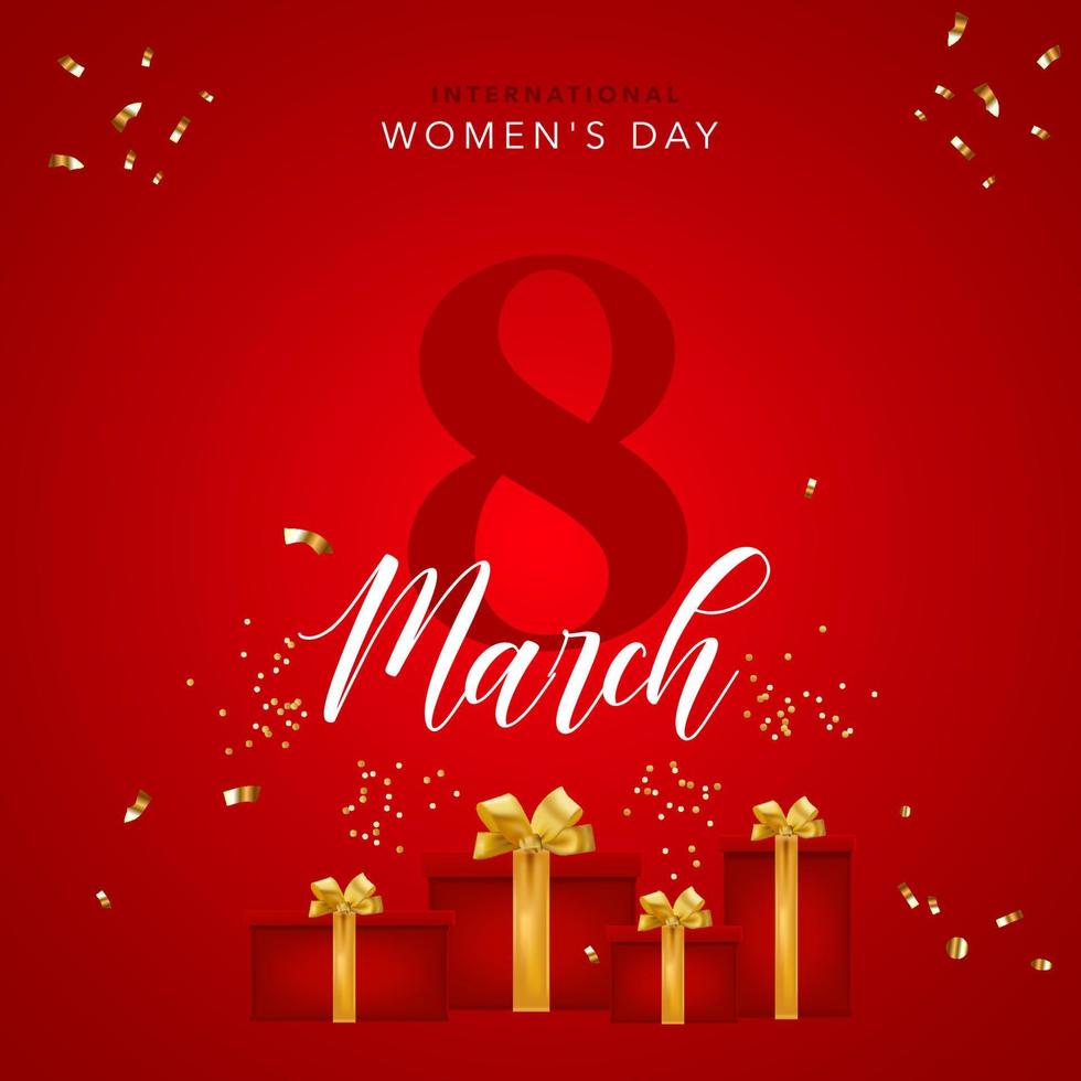 Women's day greeting card with gifts and confetti at red background vector