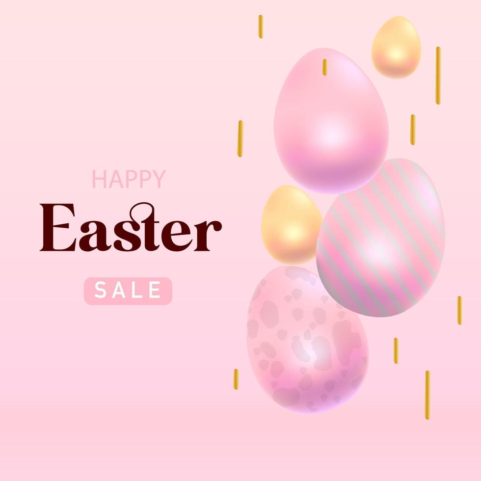 Happy Easter sale banner with rose and gold eggs vector