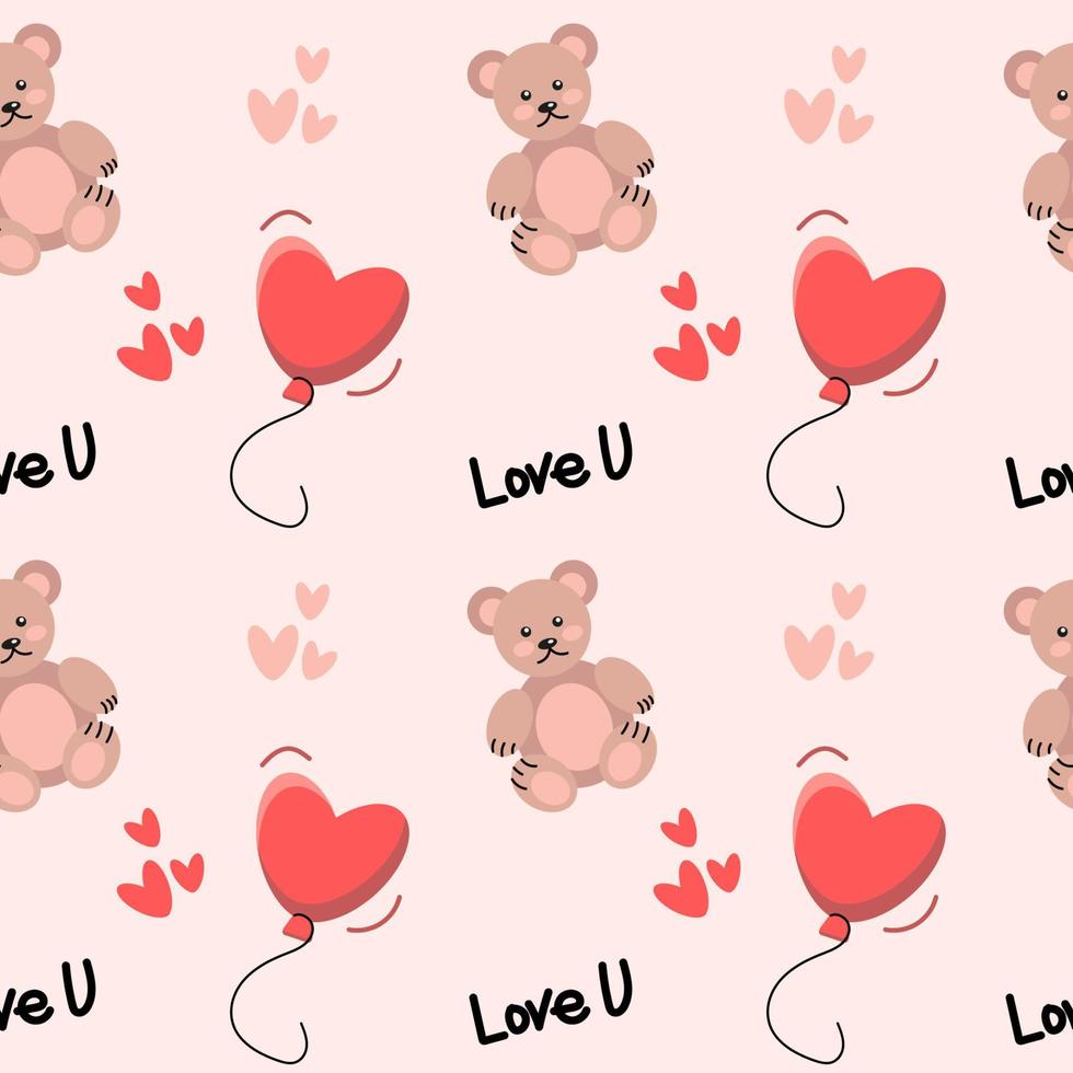 Valentines day pattern. Cute seamless pattern with teddy and balloon vector