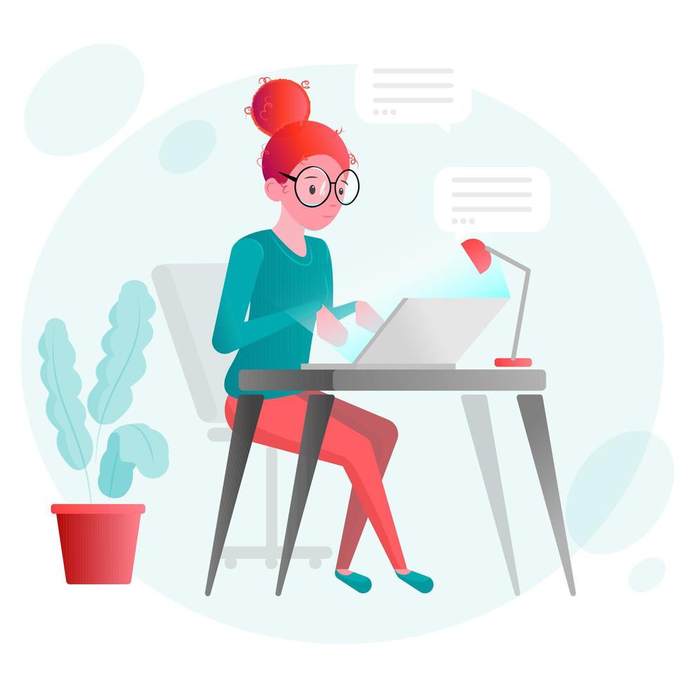 woman in the office, working with a computer, vector illustration