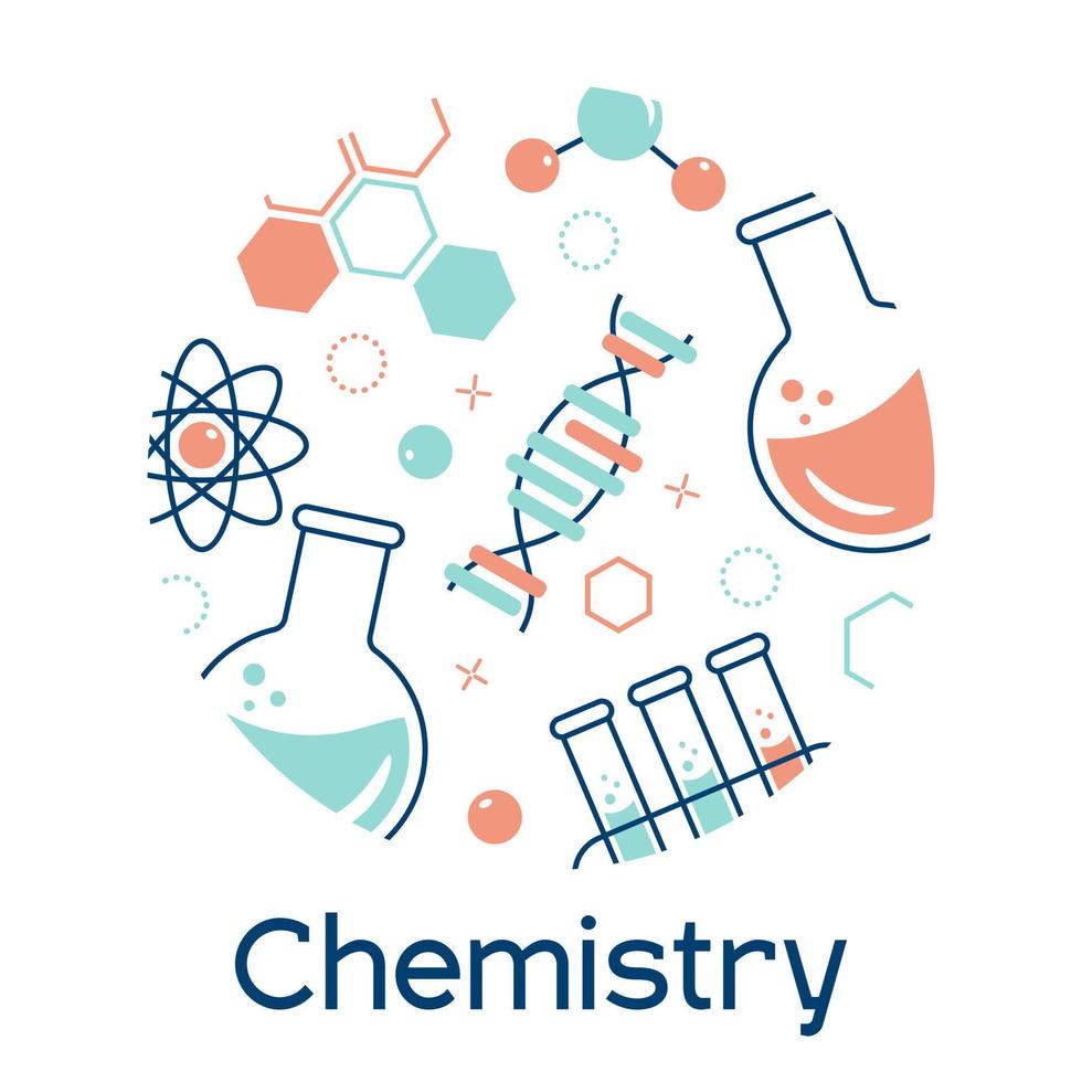 Banner on the topic of chemistry with flasks, test tubes, molecules. Vector flat illustration