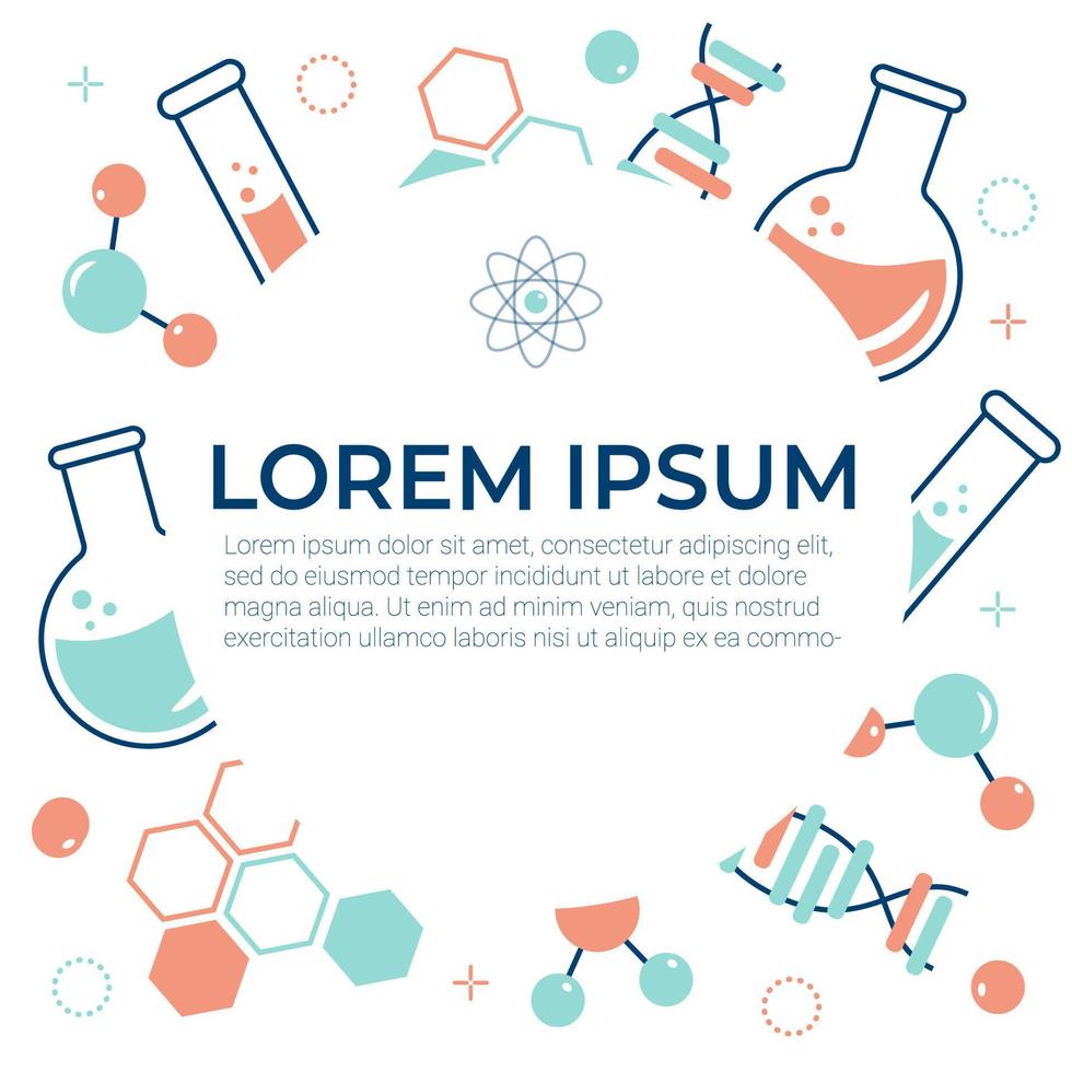 Banner on the topic of chemistry with flasks, test tubes, molecules. Vector flat illustration